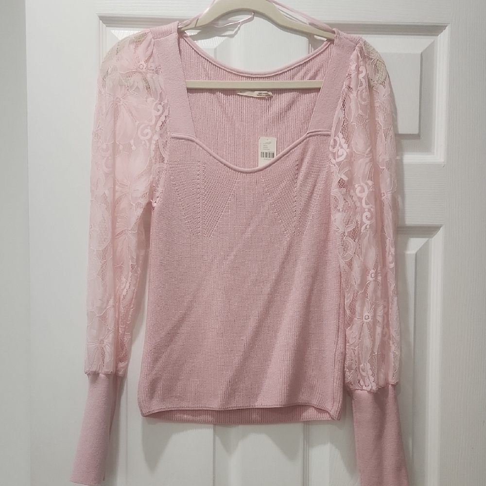 Anthropologie Pink Lace Fitted Blouse